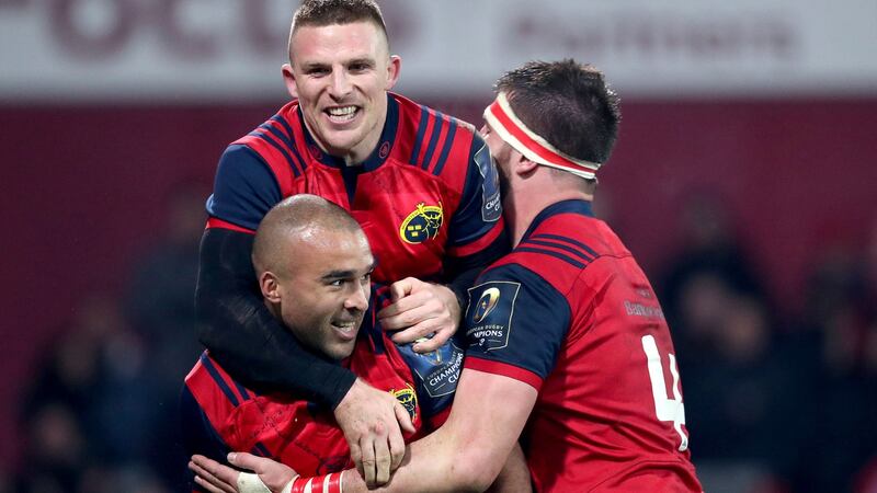 Munster’s Simon Zebo celebrates scoring a try with Andrew Conway and Jean Kleyn. Photograph: Dan Sheridan/inpho