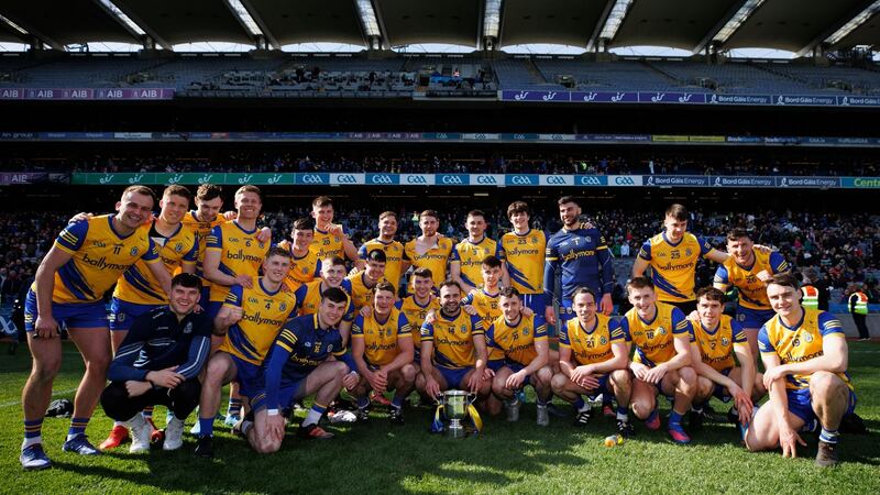 Roscommon celebrate their victory over Galway in the  Allianz Football League Division Two Final at  Croke Park. Photograph: James Crombie/Inpho