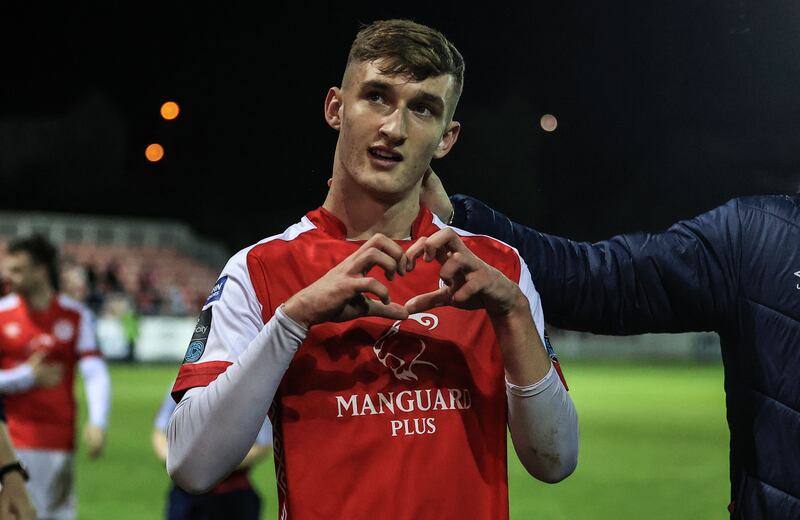 Mason Melia celebrates a recent St Pat's win over Dundalk. He has become the second youngest player to play in the League of Ireland's top flight. Photograph: Evan Treacy/Inpho 