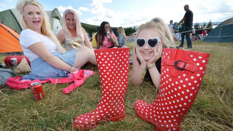 Shannon Ward, Keifa Clabby, Kelly McLoughlin and Claire Francis from Blessington enjoying the sunshine at the seventh annual KnockanStockan  music festival which began at Lacken, near Blessington yesterday. Photograph: Alan Betson/The Irish Times