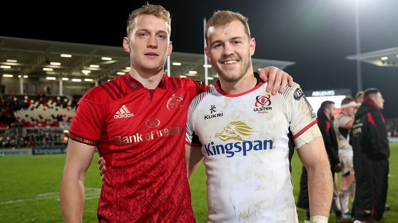 Munster’s Mike Haley and Will Addison of Ulster  after the game: “I’m very good friends with Will and we both came through Sale.” Photograph: Inpho