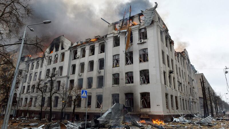 The scene of a fire at the economy department building of Karazin Kharkiv National University, allegedly hit during recent shelling by Russia, on March 2nd, 2022. Photograph: Sergey Bobok/AFP via Getty Images