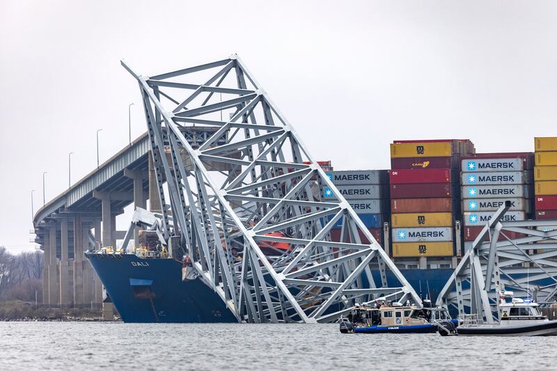 Wreckage from the Francis Scott Key Bridge remains on top of the cargo ship Dali after the vessel lost power and hit the bridge in Baltimore, Maryland. Photograph: EPA