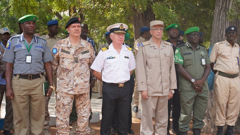 Chris Reynolds (centre) at a meeting  in Mogadishu  with various officials in January of this year.