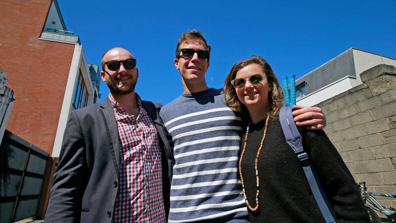 Maxine Hutin, Clement Therrillion and Pauline Dousaussoy outside the French Embassy in Dublin. Photograph Nick Bradshaw