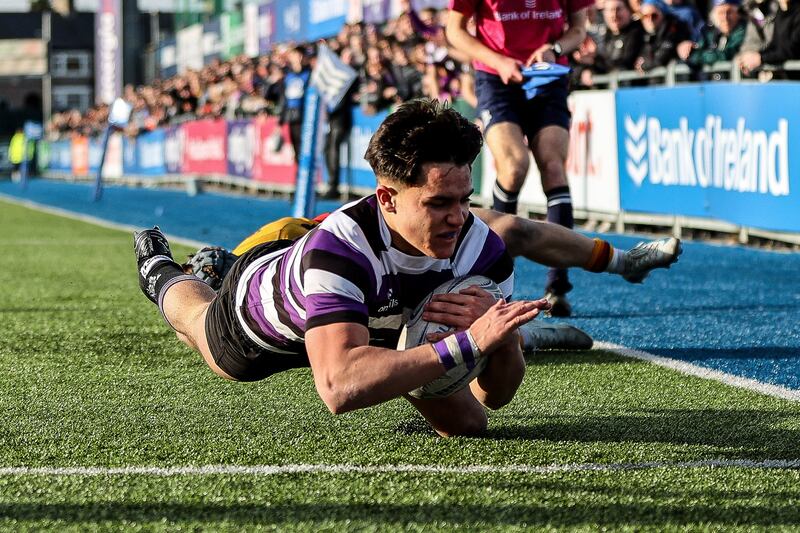 Terenure's Ethan Balamash scores a try during the Bank of Ireland Leinster Schools Senior Cup semi-final against St Fintan's High School at Energia Park in Donnybrook. Photograph: Andrew Conan/Inpho