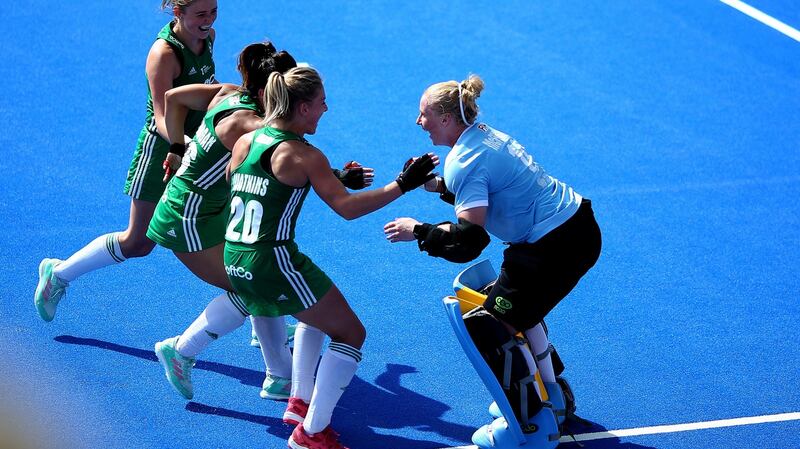 Ireland players run to congratulate goalkeeper Ayeisha McFerran. Photograph:  Steven Paston/PA