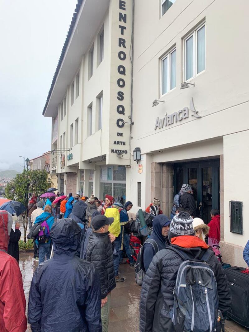The crowd outside the local Avianca office when Gearóid McKendrick tried unsuccessfully to buy a flight out of Cusco