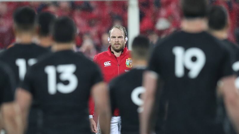 Alun Wyn Jones faces down the Haka during the 2017 Lions tour to New Zealand. Photgraph: Billy Stickland/Inpho
