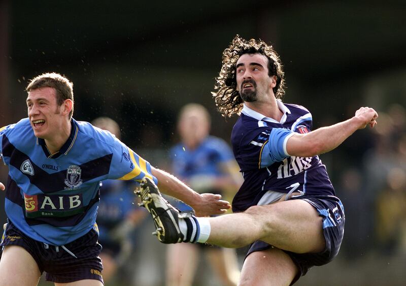 Noel McGuire of UCD and Jim McGuinness of Ulster University Jordanstown playing in the 2001 Sigerson Cup final. Photograph: Tom Honan/Inpho