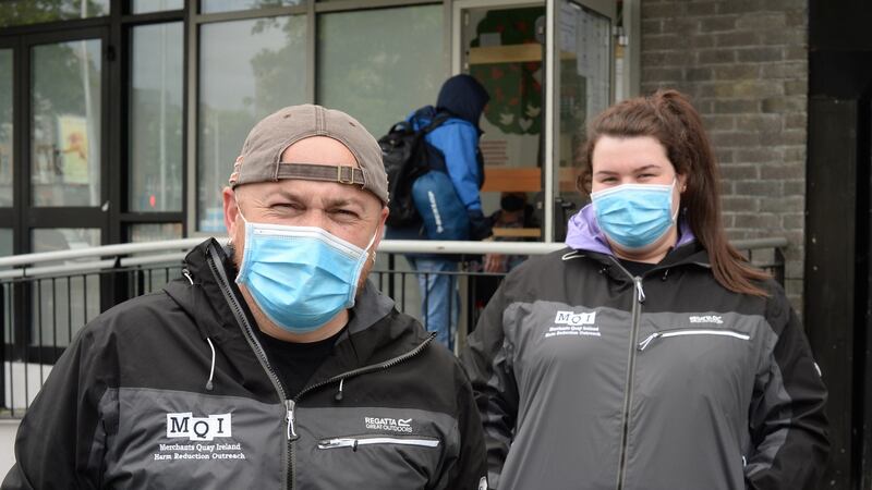Greg Duff and Amy Carroll, harm reduction outreach project workers at Merchants Quay Ireland. Photograph: Dara Mac Dónaill
