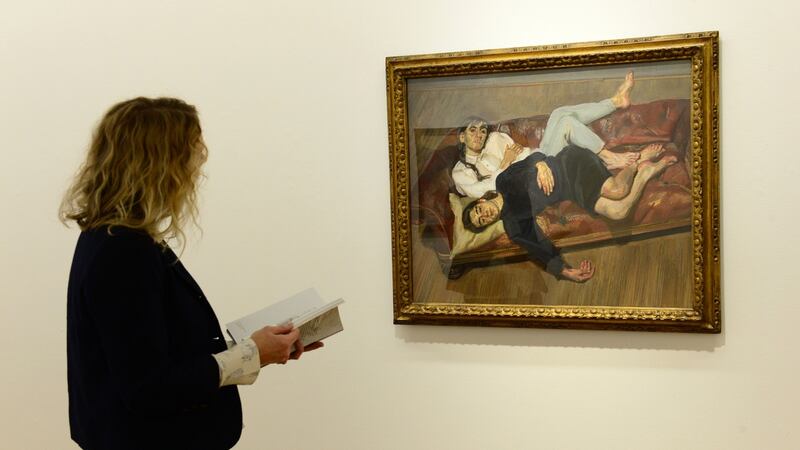 Monica Cullinane of Imma with Lucian Freud’s  “Bella and Esther” at a preview of the  Freud Project,  which  opened to the public on Friday,  October 21st. Photograph: Dara Mac Dónaill/The Irish Times