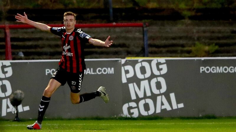 Dan Kelly celebrates scoring his Bohemians’  second goal during the league win over Cork City at Dalymount Park on September 14th. Photograph: James Crombie/Inpho