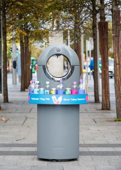 Re-turn trialled bin surrounds which allow people to put their bottles and cans at the sides of bins to save others from rummaging through rubbish to get at them. Photograph: Fennell Photography