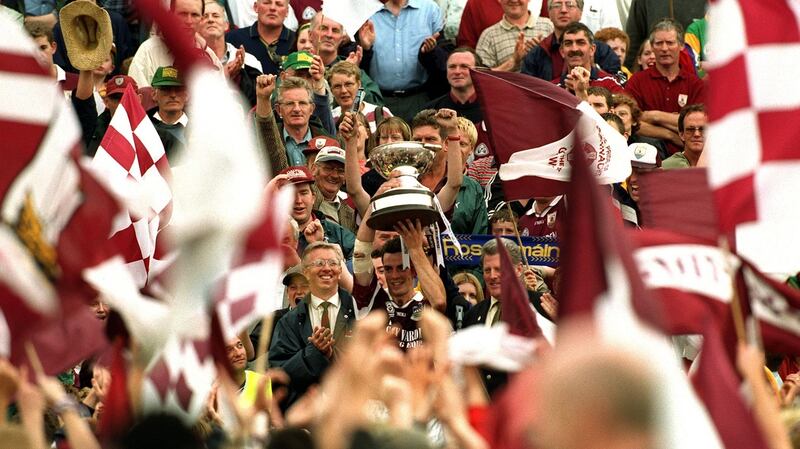 Pádraic Joyce raises the trophy at the 2000 Connacht Football Final, Galway vs Leitrim. Photograph: Lorraine O’Sullivan/Inpho