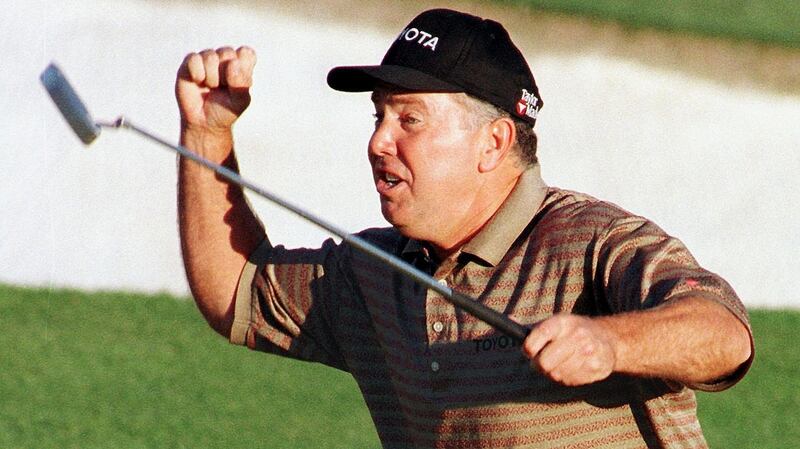 Mark O’Meara  reacts to making a birdie putt on the 18th hole to win the 1998 Masters. Photograph: Timothy A Clary/AFP/Getty Images