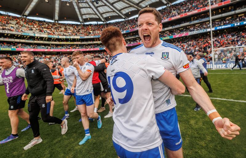 Monaghan’s Conor McManus celebrates with Sean Jones at the final whistle of their championship quarter-final against Armagh at Croke Park. Photograph: James Crombie/Inpho