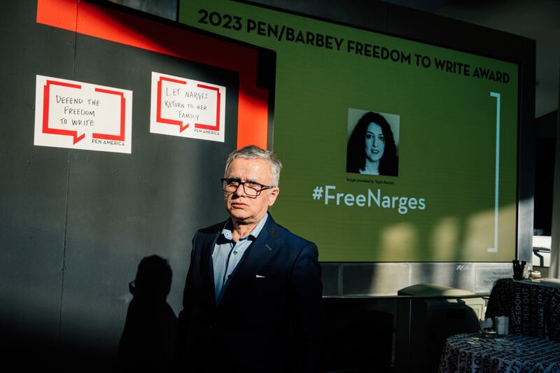 Narges Mohammadi’s husband, the writer and activist Taghi Rahmani at a literary gala in New York. Photograph: Jutharat Pinyodoonyachet/The New York Times
                      