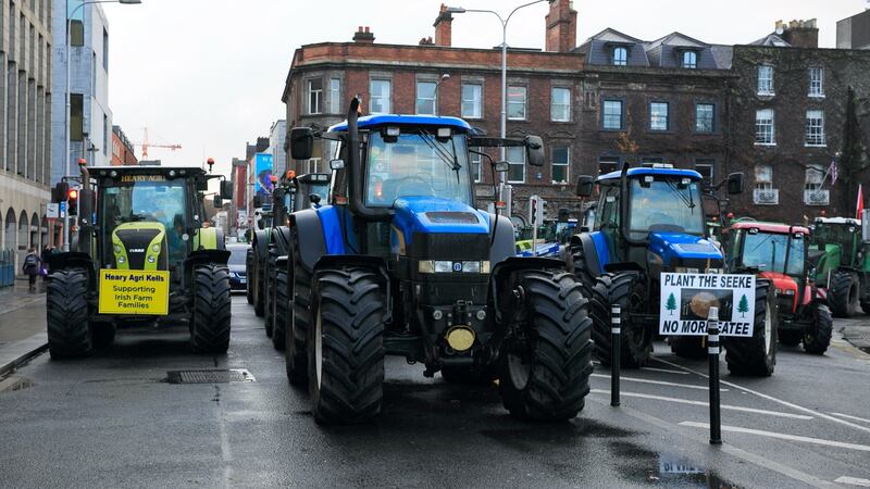 Farmers and tractors during a protest by farmers over farm produce prices at St Stephen’s Green, Dublin. Photograph: Collins