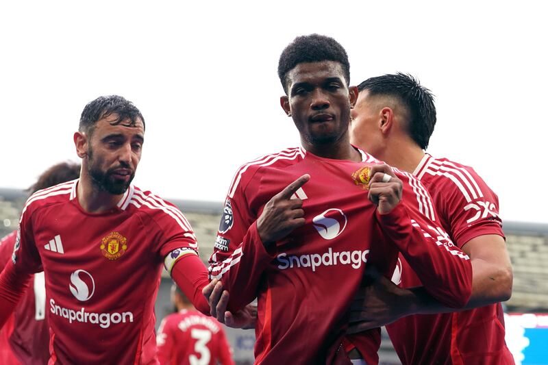 Amad Diallo celebrates scoring Manchester United's equaliser during the Premier League game against Brighton at the Amex Stadium. Photograph: Gareth Fuller/PA Wire