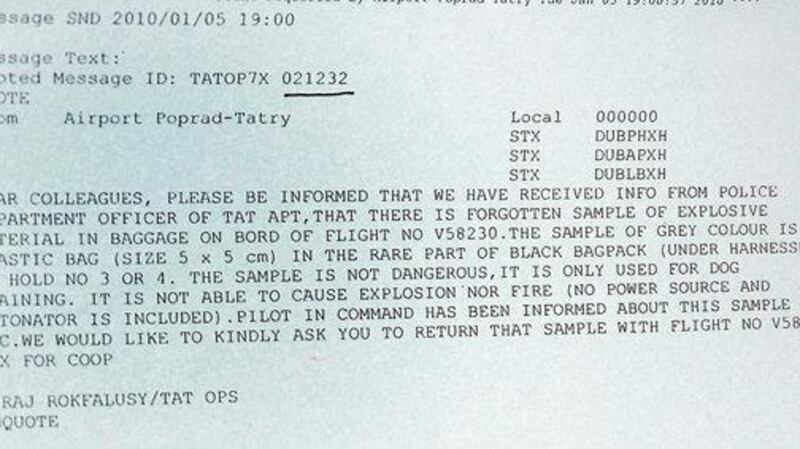 The telex which was sent to Dublin airport.
