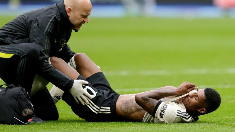 Marcus Rashford went off with a groin strain during Sunday’s defeat to West Ham.  Photograph: Henry Browne/Getty Images