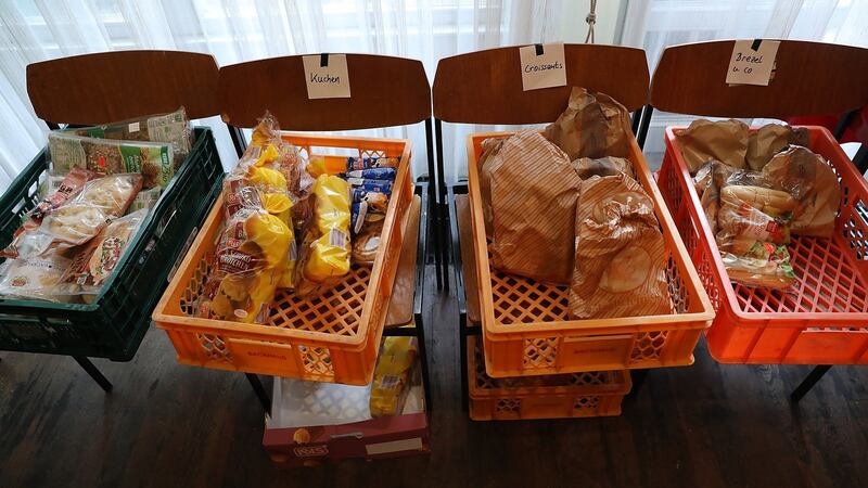 Baked goods await the needy choosing groceries at the  food distribution point. Sean Gallup/Getty Images