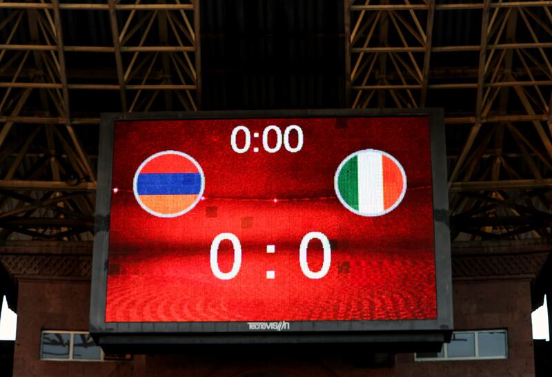 The scoreboard ahead of the Fifa World Cup Qualifier Group F game, Republic of Ireland v Armenia, in Yerevan, in September. Photograph: Ryan Byrne/Inpho 