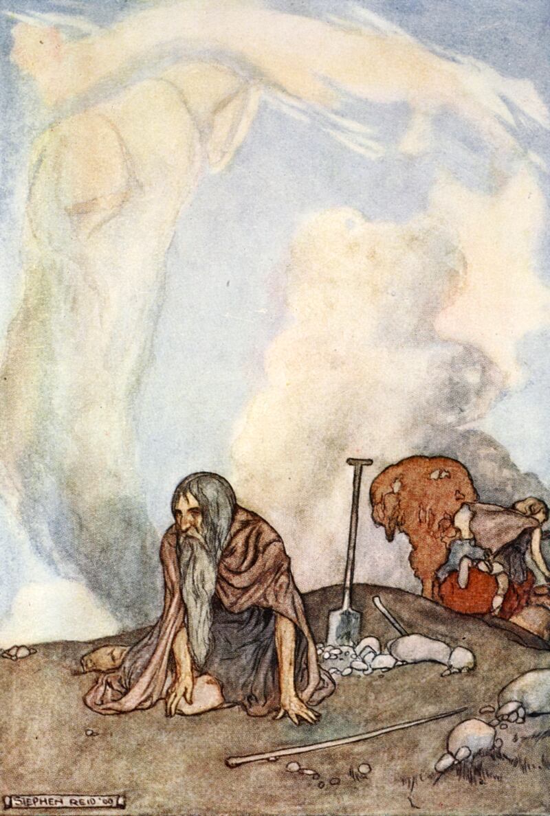 After returning from Tír na nÓg, Oisín became sick and aged rapidly. Illustration, by Stephen Reid, from The High Deeds of Finn by TW Rolleston. Photograph: Historica Graphica/Heritage/Getty