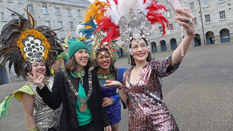 The Lord Mayor of Dublin, Alison Gilliland, and parade dancers at the recent launch of the St Patrick's festival. Photograph: Julien Behal