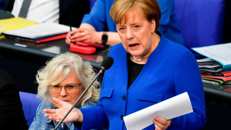 German Chancellor Angela Merkel met Mrs May in Berlin on Tuesday ahead of the Brussels summit, suggested they “may well” go for a longer delay, although the UK would be allowed to leave “very quickly” if Parliament approves a withdrawal deal. File Photograph: John Macdougall/AFP/Getty