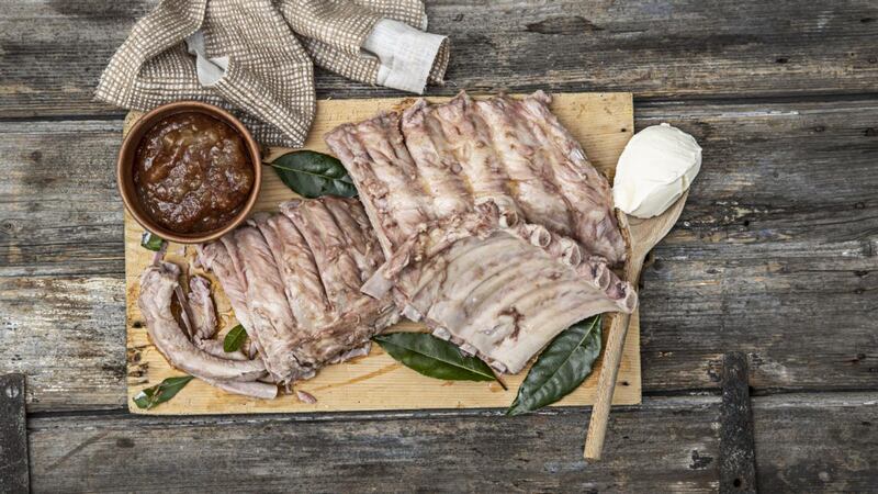 Maple drizzled bacon ribs, sour cream, apple cinnamon butter. Photograph: Harry Weir Photography