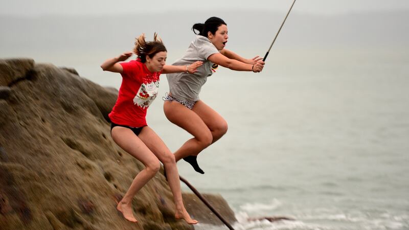 Linda Heffernan and Jenny Heffernan from Ballinteer jumping in support of Aquired Brain Injury Ireland. Photograph: Cyril Byrne/The Irish Times
