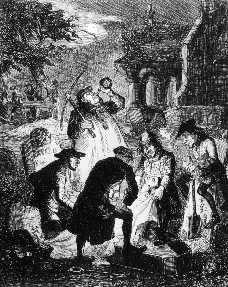 'Grave robbers' stealing a corpse from a cemetery, to be sold for anatomical study and dissection, in about 1840. Illustration: Hulton/Getty