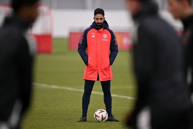 Manchester United's Ruben Amorim takes a training session at the Carrington Training Complex in Manchester. Photograph: Oli Scarff/Getty