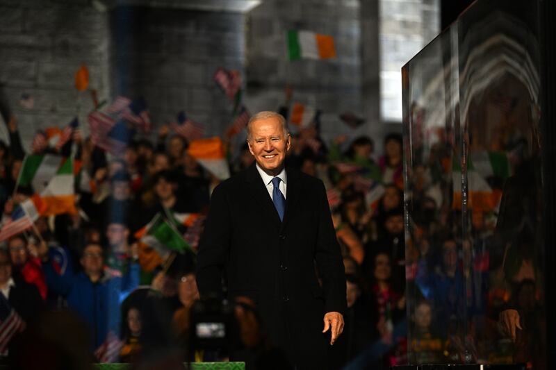 US president Joe Biden addresses a crowd in Ballina. Photograph: Charles McQuillan/Getty