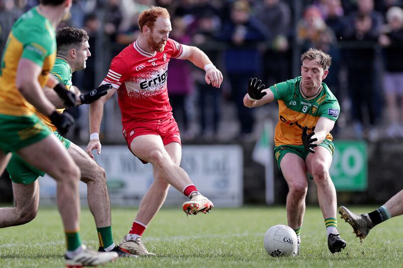 Conor Glass scores a goal for Derry. Photograph: Laszlo Geczo/Inpho