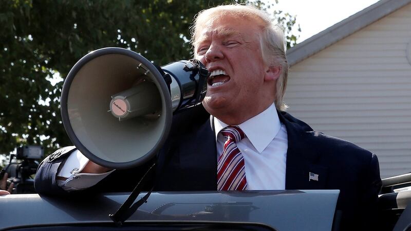 Donald Trump at a campaign stop in Ohio on Monday. His poll gains come after a month-long barrage of criticism about Hillary Clinton’s emails and ties to the Clinton Foundation. Photograph: Reuters/Mike Segar