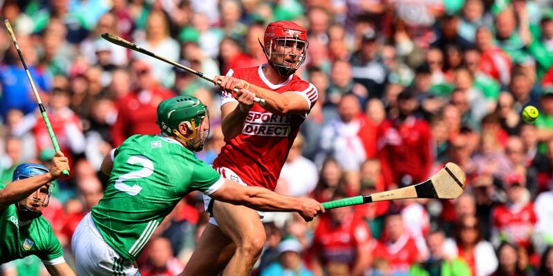 Cork’s Brian Hayes scores the first goal of the game against Limerick. Photograph: Ryan Byrne/Inpho