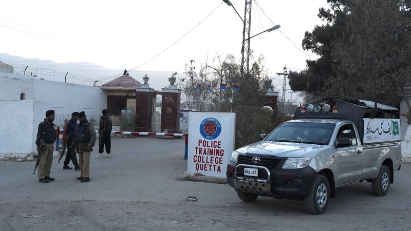 Pakistani soldiers stand at the entrance to The Police Training College in Quetta on October 25, 2016, after an overnight militant attack on the premises. Photograph: Banaras Khan/AFP/Getty Images