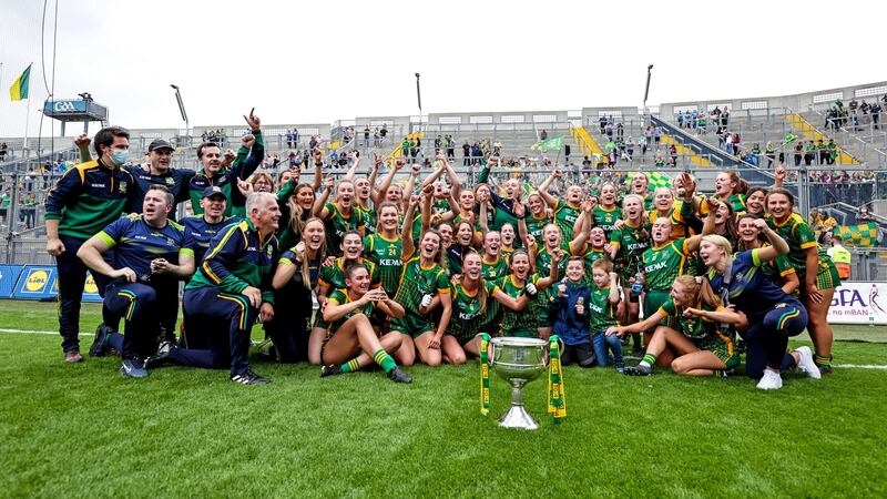 Meath celebrate with the Brendan Martin Cup after their historic win over Dublin. Photograph: Laszlo Geczo/Inpho
