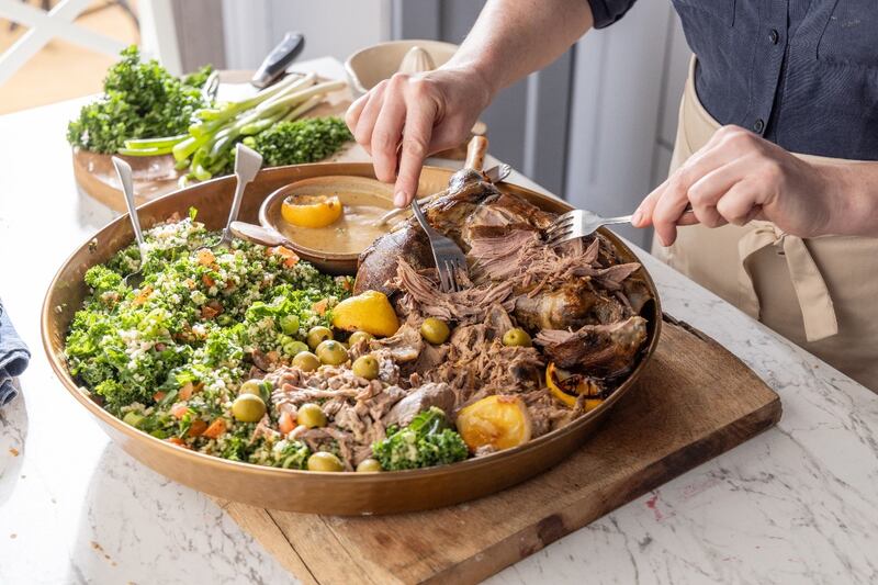The serving idea pictured is designed so that the food is within easy reach of everyone seated. It creates an interactive meal that brings those around the table closer