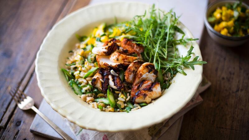 Spiced fish with mango salsa and brown rice salad