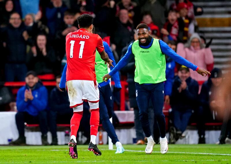Nottingham Forest's Jesse Lingard celebrates with his team-mates after scoring his side's second goal. Photograph: David Davies/PA