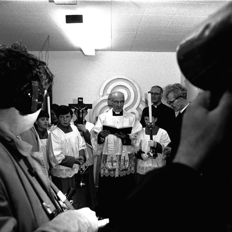 Fr Tomás Ó Concheannain blesses the station at the opening of RTÉ Raidió na Gaeltachta on Easter Sunday 1972