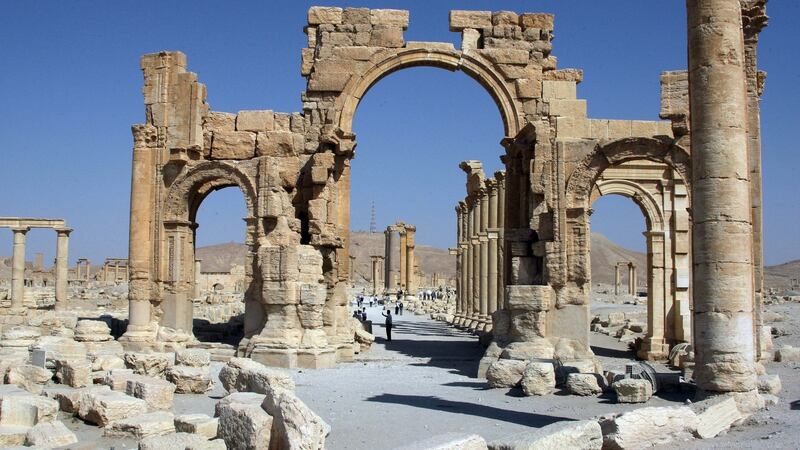 The Arch of Triumph among the Roman ruins of Palmyra, 220km northeast of  Damascus, which Islamic State blew up in October 2015. Photograph: AFP/Getty Images