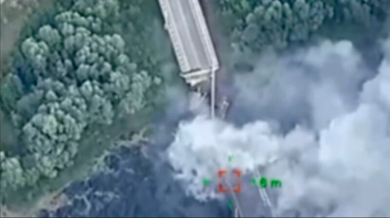 A bridge over the river Seym is destroyed by Ukrainian troops. Photograph: Ukrainian Defence Ministry Press Office via AP