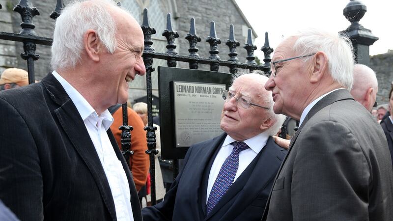 Writer John MacKenna with President Michael D Higgins and former TD Jack Wall at the unveiling of a plaque for Leonard Cohen  at the Community Arts Centre in Athy.  Photograph: Laura Hutton/The Irish Times