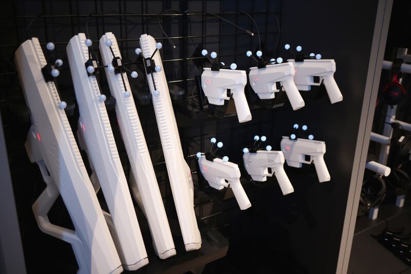 Player weapons at Sandbox virtual reality gaming experience on Nassau Street before the opening on March 27th. Photograph: Chris Maddaloni