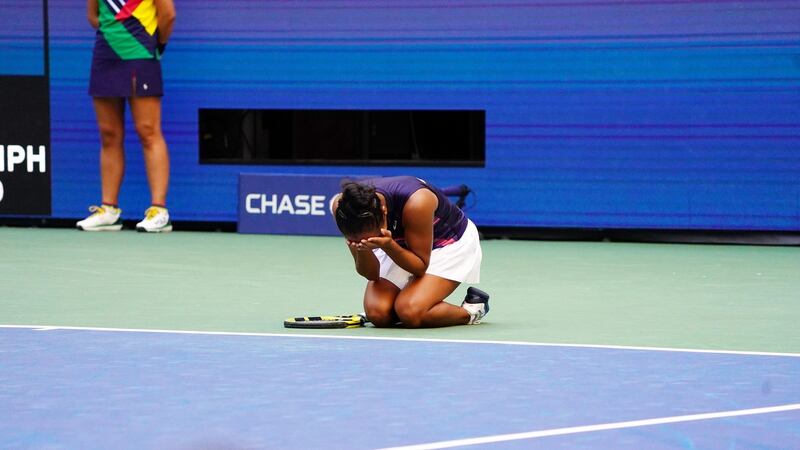 Leylah Fernandez reacts after beating Elina Svitolina to reach the last four at Flushing Meadows. Photograph: Michelle V Agins/NYT